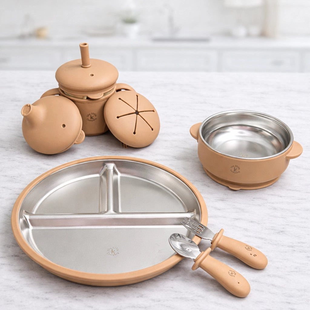 Children's mealtime feeding set with tan plate, bowl, utensils and convertible cup