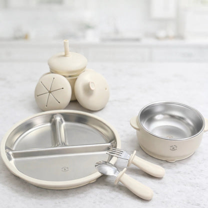 Set of kids stainless steel mealtime essentials including plate, bowl, utensils and convertible cup