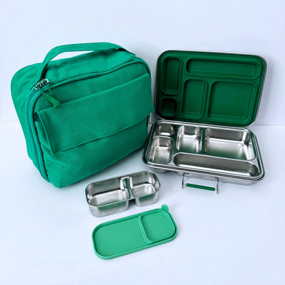 Green lunch bag and stainless steel bento box set with multiple compartments, shown on a clean white background.