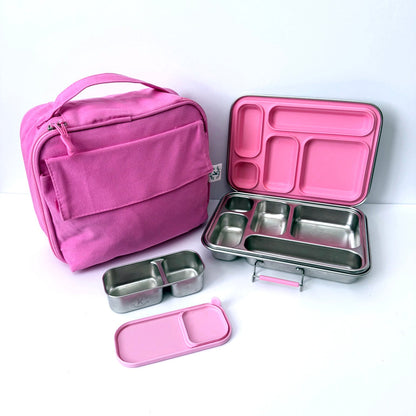 A pink lunch bag next to an open stainless steel bento box with pink compartments, plus two small matching pink and stainless steel lunch containers on a white background.